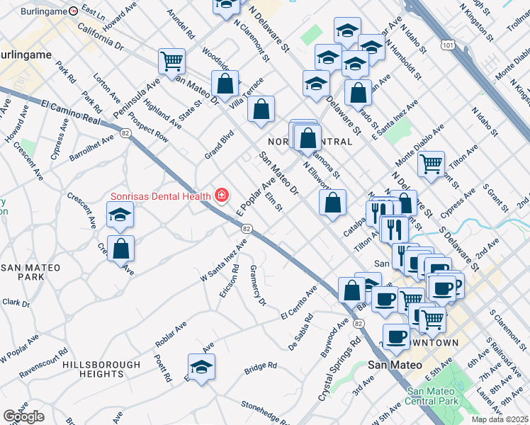 map of restaurants, bars, coffee shops, grocery stores, and more near in San Mateo