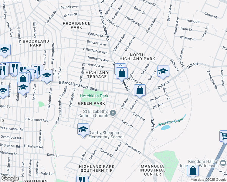 map of restaurants, bars, coffee shops, grocery stores, and more near 1100 East Brookland Park Boulevard in Richmond