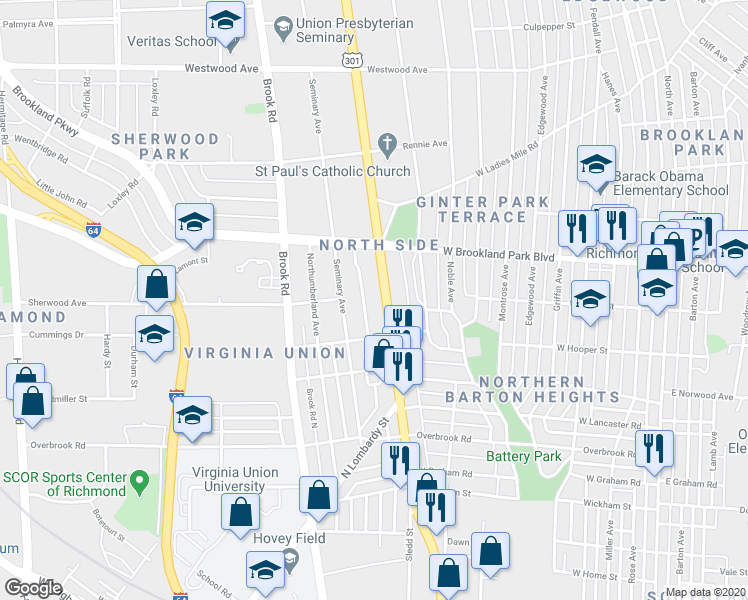 map of restaurants, bars, coffee shops, grocery stores, and more near 2907 Chamberlayne Avenue in Richmond
