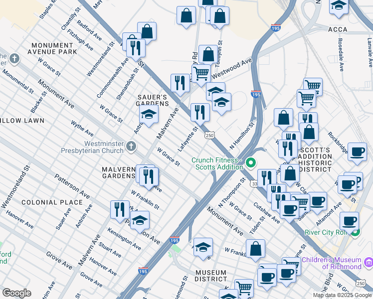 map of restaurants, bars, coffee shops, grocery stores, and more near 3901 Augusta Avenue in Richmond