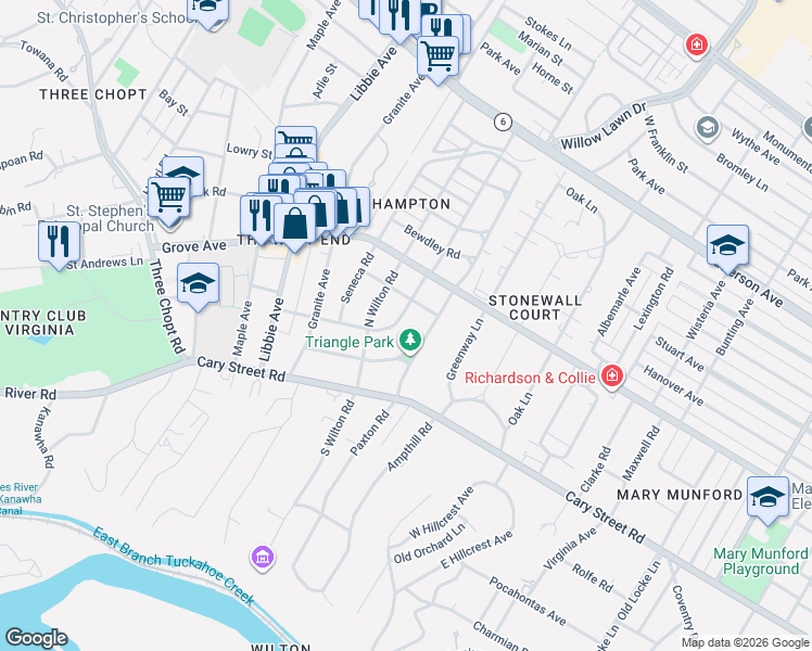 map of restaurants, bars, coffee shops, grocery stores, and more near 119 Matoaka Road in Richmond