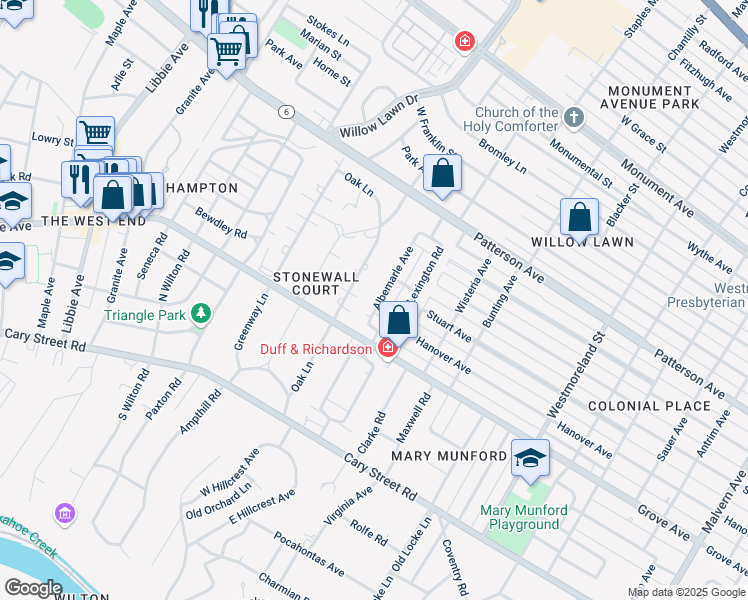map of restaurants, bars, coffee shops, grocery stores, and more near 322 Albemarle Avenue in Richmond