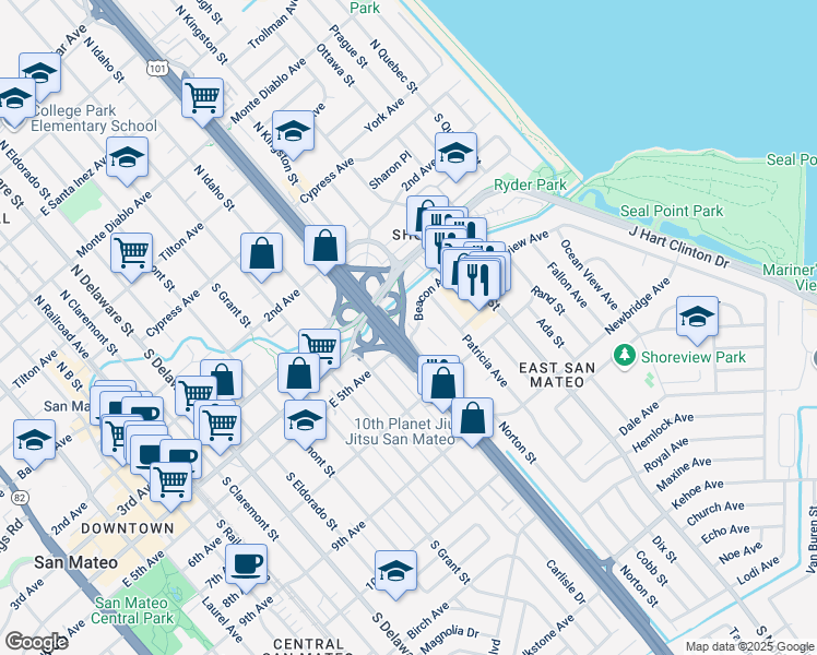 map of restaurants, bars, coffee shops, grocery stores, and more near 1221 Beacon Avenue in San Mateo