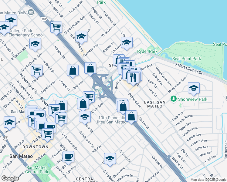 map of restaurants, bars, coffee shops, grocery stores, and more near 1221 Beacon Avenue in San Mateo