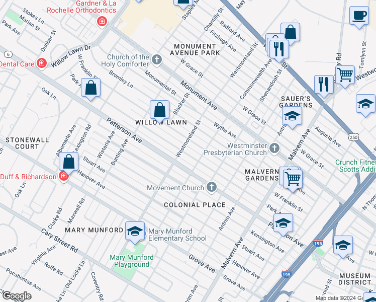 map of restaurants, bars, coffee shops, grocery stores, and more near 4516 Park Avenue in Richmond