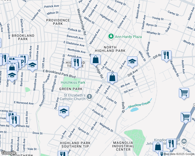map of restaurants, bars, coffee shops, grocery stores, and more near 1224 East Brookland Park Boulevard in Richmond