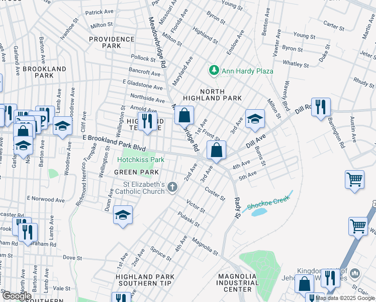 map of restaurants, bars, coffee shops, grocery stores, and more near 1224 East Brookland Park Boulevard in Richmond