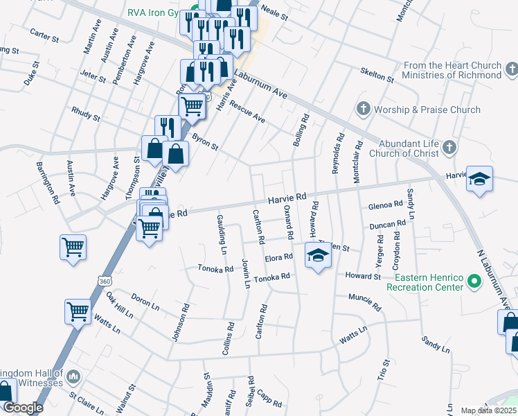 map of restaurants, bars, coffee shops, grocery stores, and more near 2701 Harvie Road in Richmond