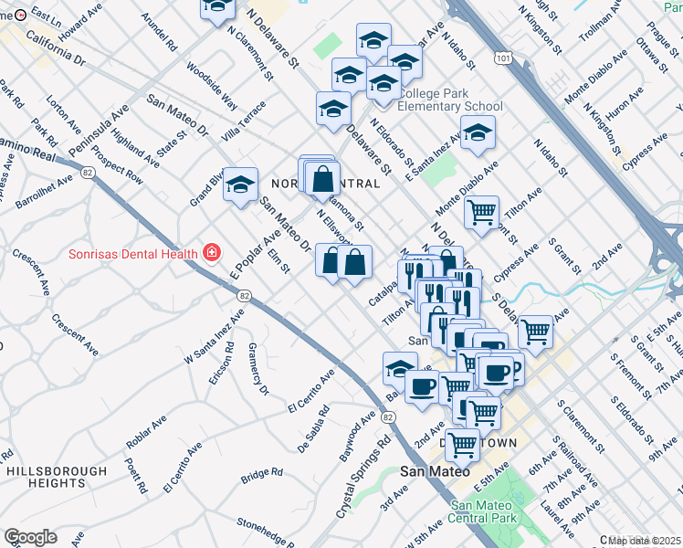 map of restaurants, bars, coffee shops, grocery stores, and more near 221 North Ellsworth Avenue in San Mateo