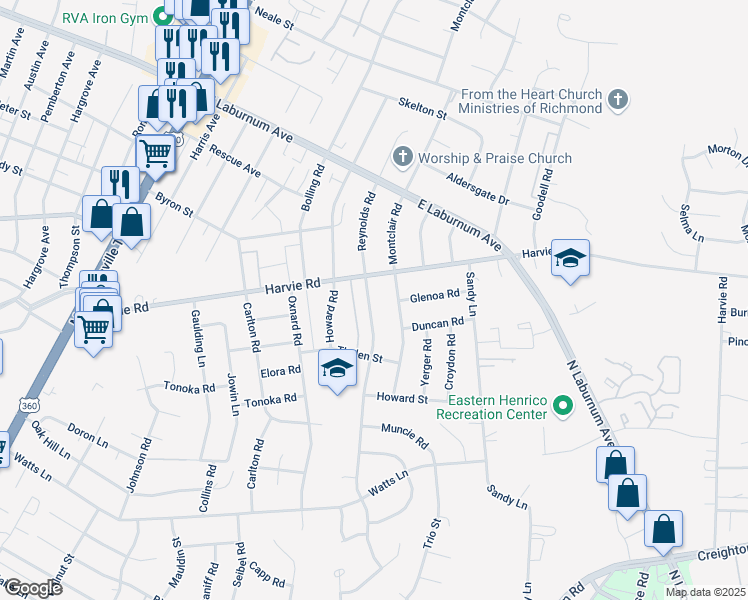 map of restaurants, bars, coffee shops, grocery stores, and more near 3427 Reynolds Road in Richmond