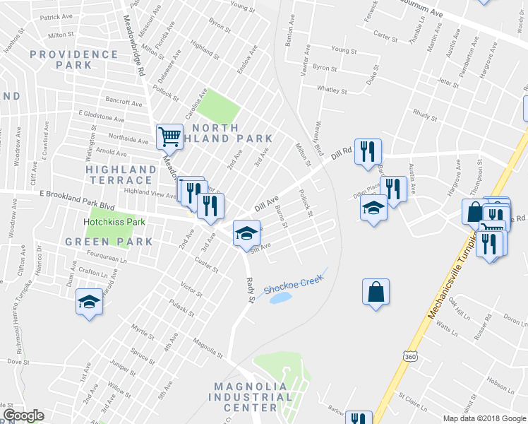 map of restaurants, bars, coffee shops, grocery stores, and more near 3113 Dill Avenue in Richmond