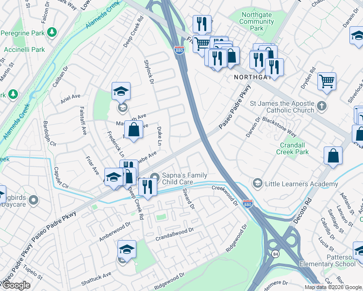 map of restaurants, bars, coffee shops, grocery stores, and more near 34278 Lennox Court in Fremont