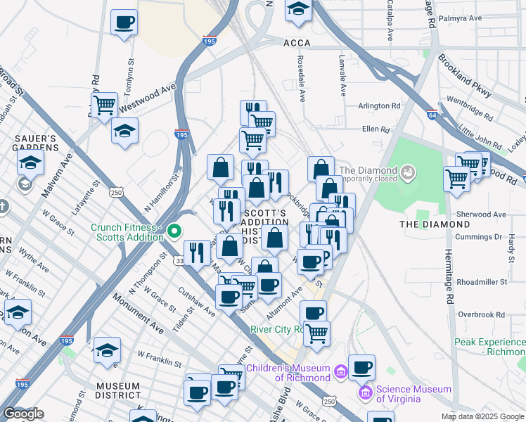 map of restaurants, bars, coffee shops, grocery stores, and more near 1661 Roseneath Road in Richmond