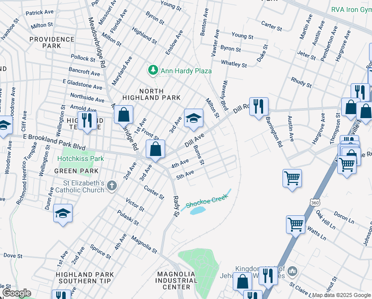 map of restaurants, bars, coffee shops, grocery stores, and more near 3113 Dill Avenue in Richmond