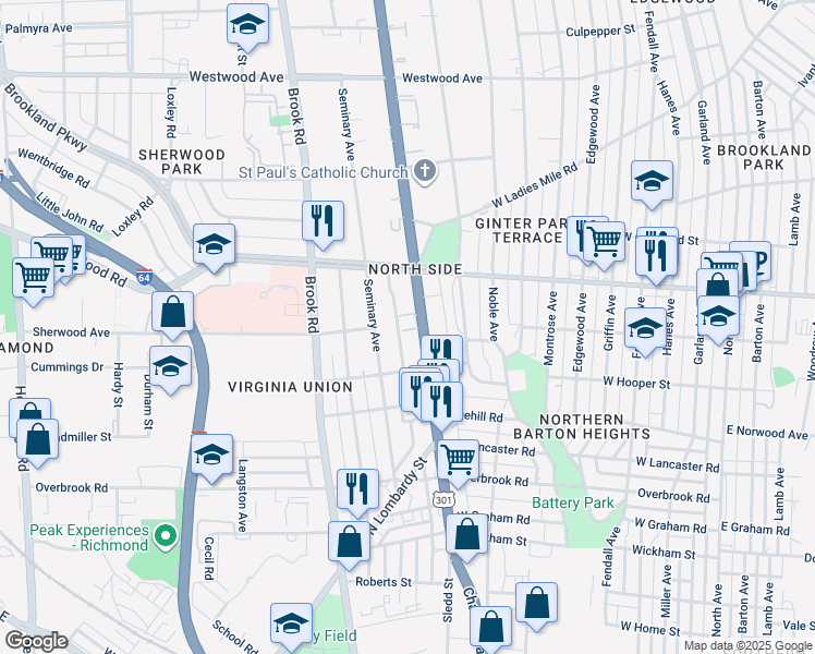 map of restaurants, bars, coffee shops, grocery stores, and more near 2910 Chamberlayne Avenue in Richmond