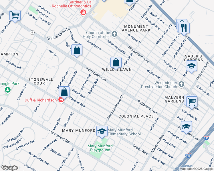 map of restaurants, bars, coffee shops, grocery stores, and more near 4703 Patterson Avenue in Richmond