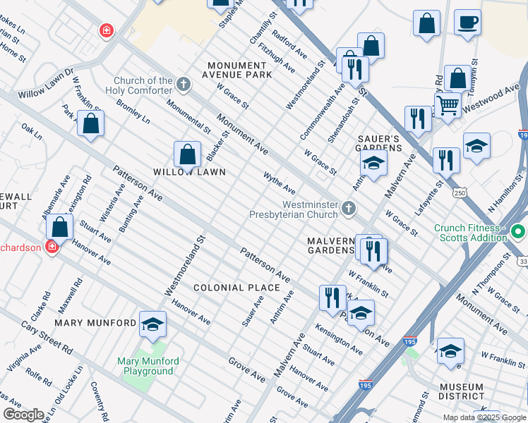 map of restaurants, bars, coffee shops, grocery stores, and more near 4412 West Franklin Street in Richmond