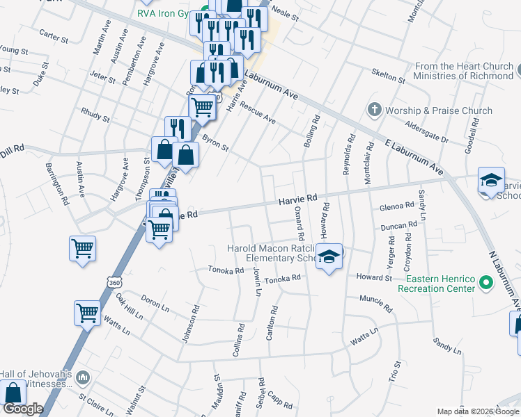 map of restaurants, bars, coffee shops, grocery stores, and more near 2617 Harvie Road in Richmond