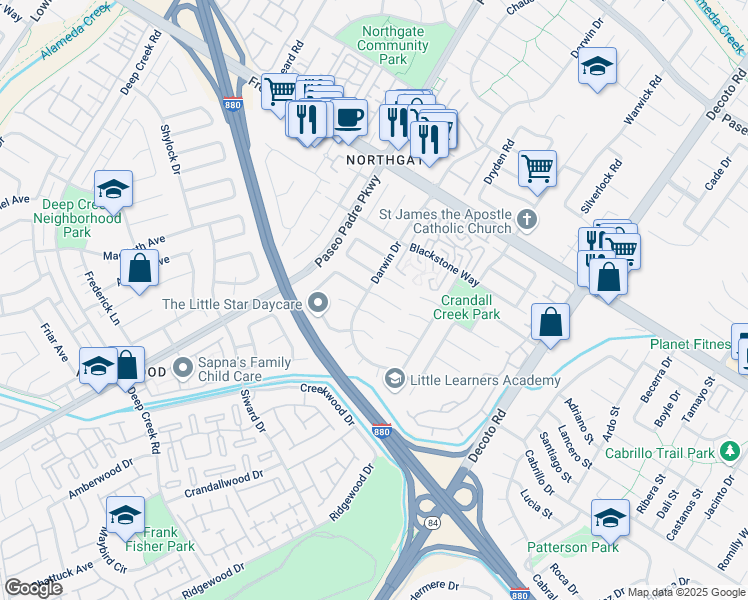 map of restaurants, bars, coffee shops, grocery stores, and more near 34517 Colville Place in Fremont