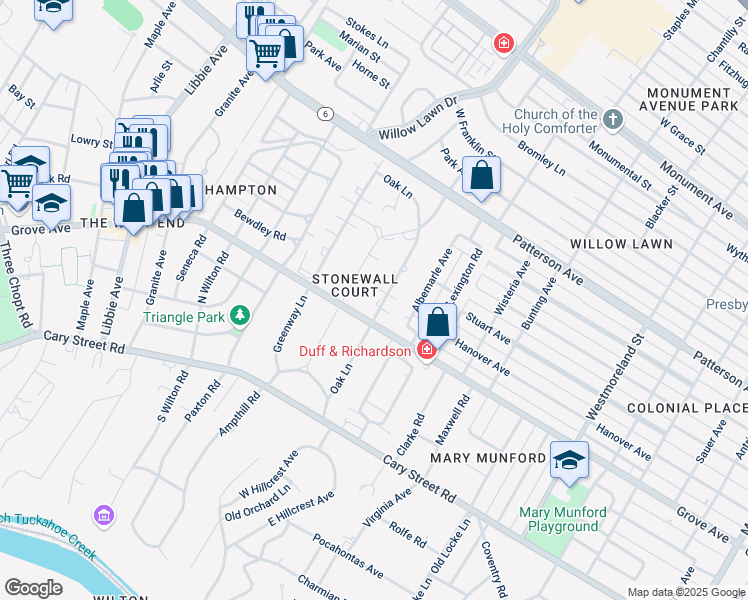 map of restaurants, bars, coffee shops, grocery stores, and more near 304 Oak Lane in Richmond