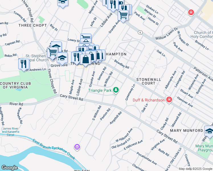 map of restaurants, bars, coffee shops, grocery stores, and more near 5304 Matoaka Road in Richmond