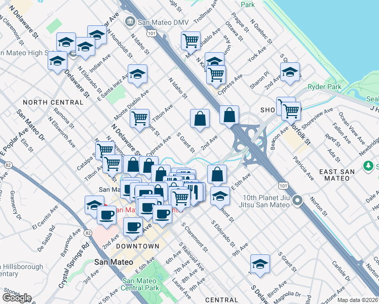 map of restaurants, bars, coffee shops, grocery stores, and more near 122 South Grant Street in San Mateo