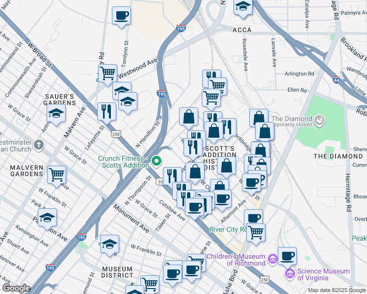 map of restaurants, bars, coffee shops, grocery stores, and more near 3425 West Leigh Street in Richmond