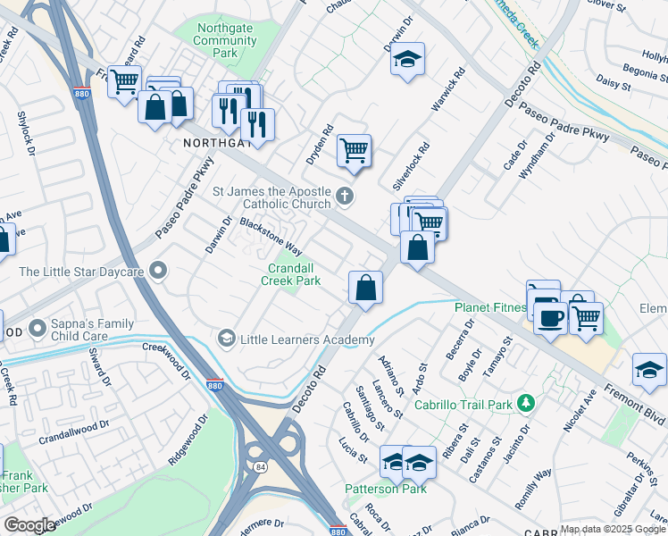 map of restaurants, bars, coffee shops, grocery stores, and more near 34858 Blackstone Way in Fremont