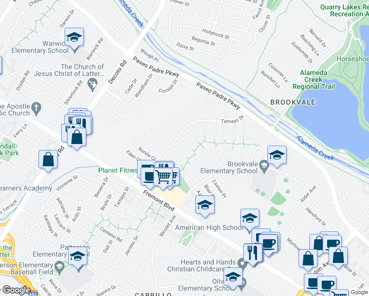 map of restaurants, bars, coffee shops, grocery stores, and more near 35597 Galen Place in Fremont