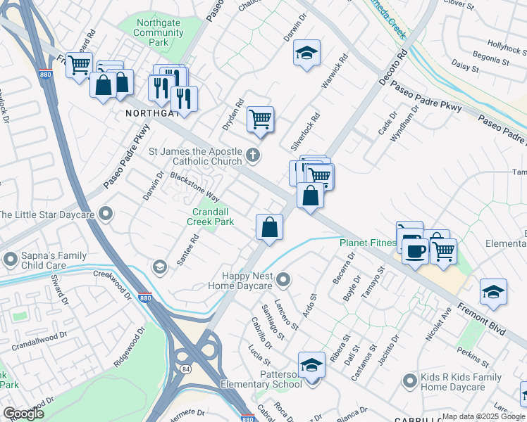 map of restaurants, bars, coffee shops, grocery stores, and more near 34877 Oyster Bay Terrace in Fremont
