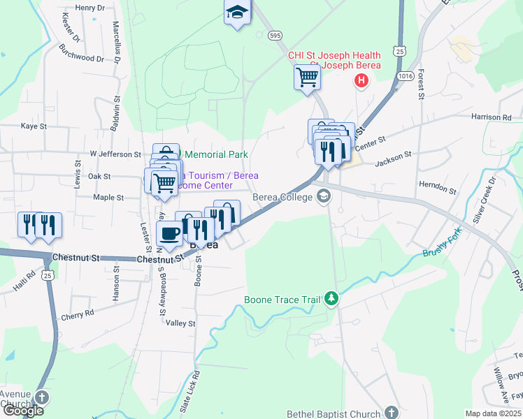 map of restaurants, bars, coffee shops, grocery stores, and more near 2 Pirate Parkway in Berea