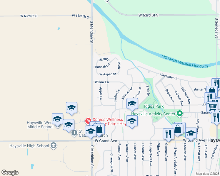 map of restaurants, bars, coffee shops, grocery stores, and more near 412 Basswood Lane in Haysville
