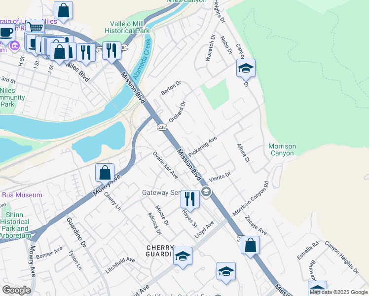 map of restaurants, bars, coffee shops, grocery stores, and more near 38683 Dow Court in Fremont