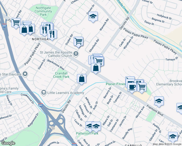 map of restaurants, bars, coffee shops, grocery stores, and more near in Fremont