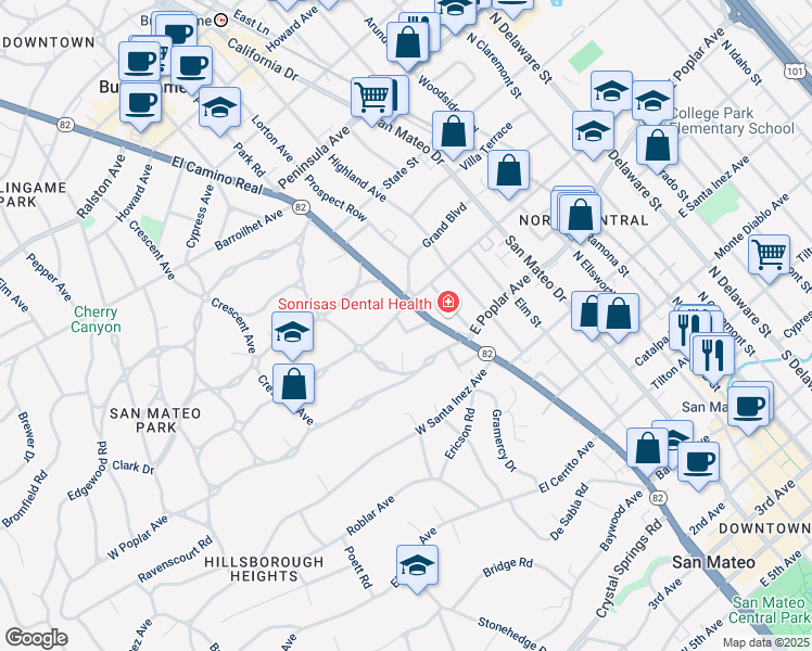 map of restaurants, bars, coffee shops, grocery stores, and more near 10 Hilltop Road in San Mateo