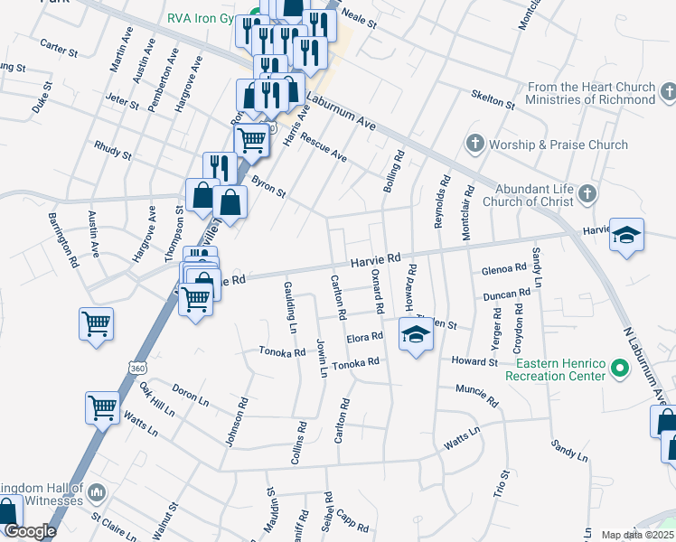 map of restaurants, bars, coffee shops, grocery stores, and more near 2701 Harvie Road in Richmond