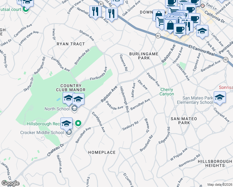 map of restaurants, bars, coffee shops, grocery stores, and more near 20 Cedar Court in Hillsborough