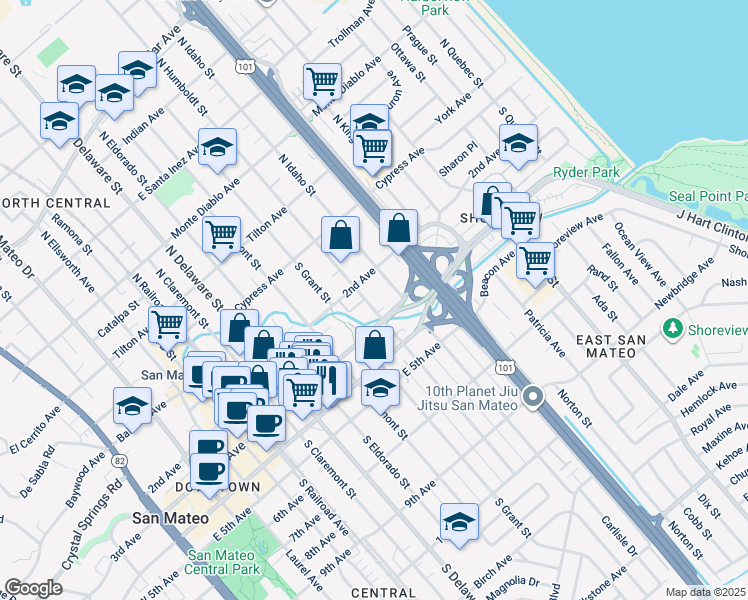 map of restaurants, bars, coffee shops, grocery stores, and more near 223 South Humboldt Street in San Mateo
