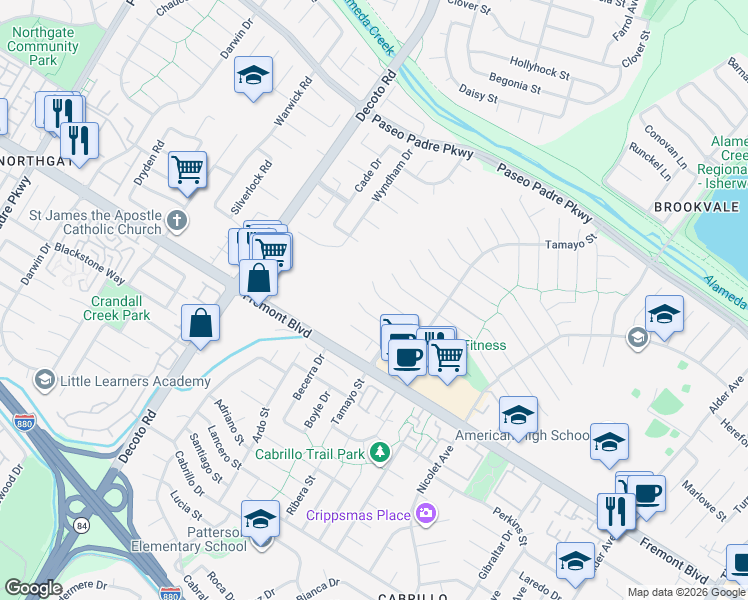 map of restaurants, bars, coffee shops, grocery stores, and more near 35397 Ronda Ct in Fremont