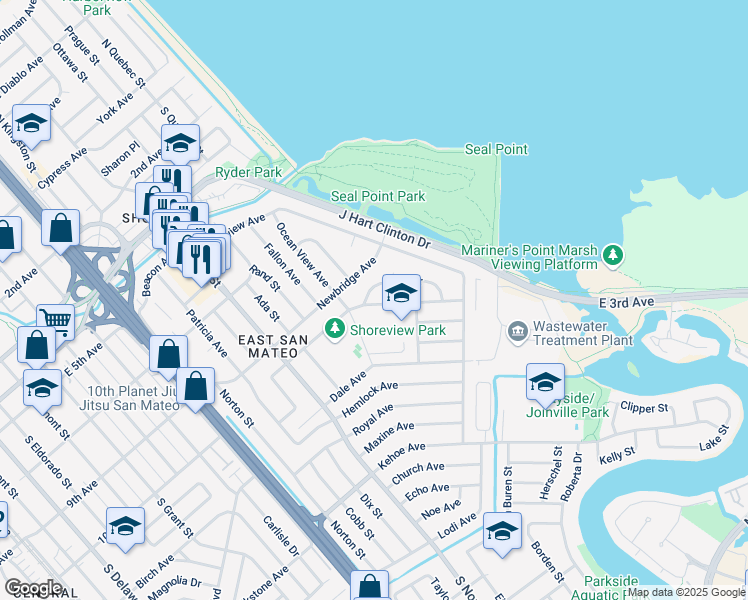 map of restaurants, bars, coffee shops, grocery stores, and more near 1723 Cottage Grove Avenue in San Mateo