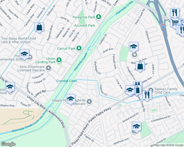 map of restaurants, bars, coffee shops, grocery stores, and more near 4851 Barndance Street in Fremont