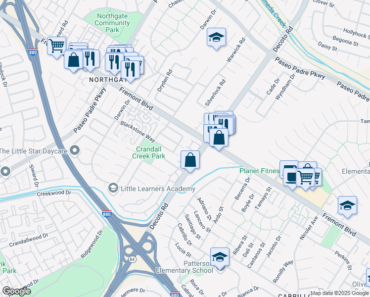 map of restaurants, bars, coffee shops, grocery stores, and more near 34877 Oyster Bay Terrace in Fremont