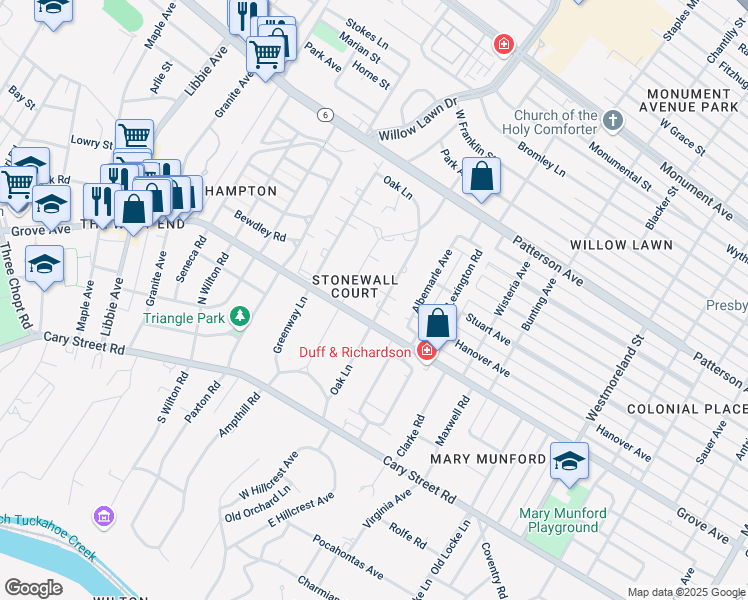 map of restaurants, bars, coffee shops, grocery stores, and more near 304 Oak Lane in Richmond