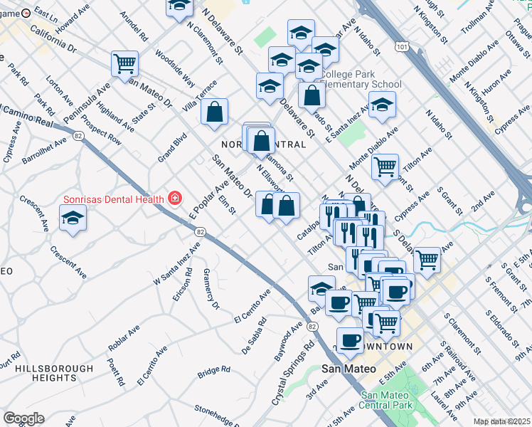 map of restaurants, bars, coffee shops, grocery stores, and more near San Mateo Drive in San Mateo