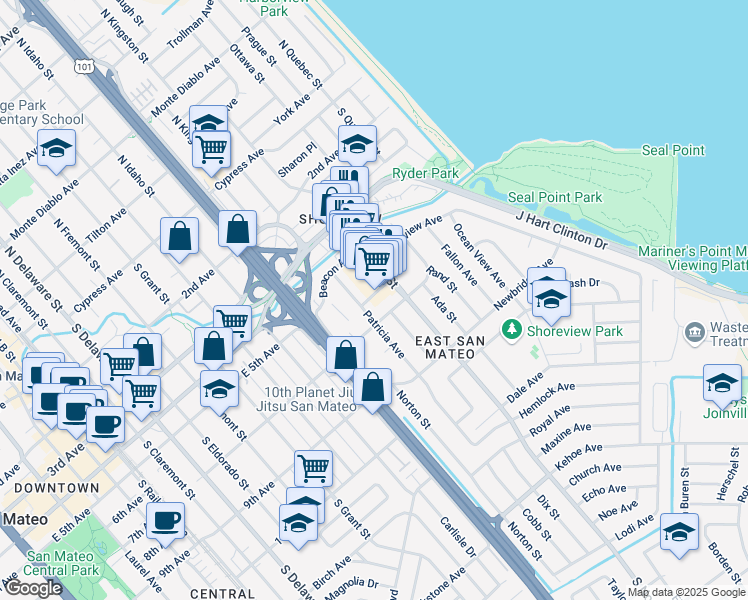 map of restaurants, bars, coffee shops, grocery stores, and more near 1410 Cary Avenue in San Mateo