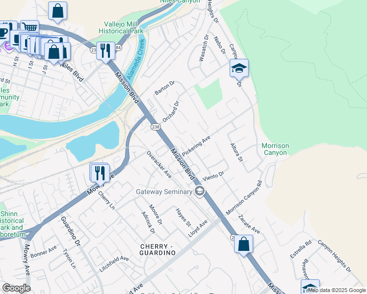 map of restaurants, bars, coffee shops, grocery stores, and more near 38683 Dow Court in Fremont