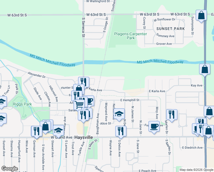 map of restaurants, bars, coffee shops, grocery stores, and more near 422 North Baughman Street in Haysville