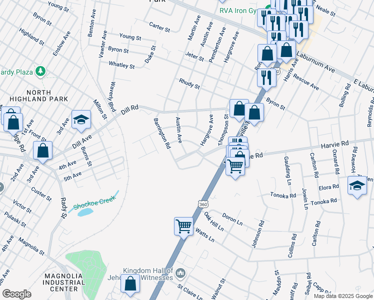 map of restaurants, bars, coffee shops, grocery stores, and more near 1900 Yeadon Road in Richmond
