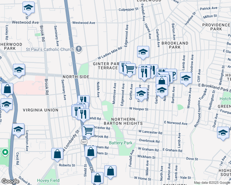 map of restaurants, bars, coffee shops, grocery stores, and more near 2901 Montrose Avenue in Richmond