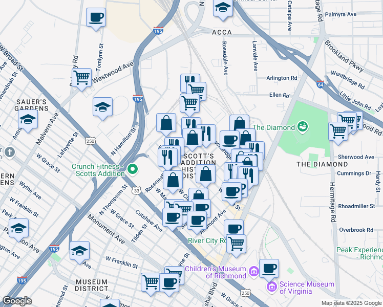 map of restaurants, bars, coffee shops, grocery stores, and more near 1601 Roseneath Road in Richmond